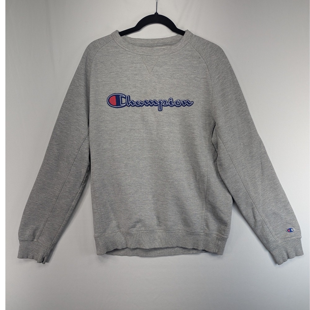 Champion Mens Gray Script Logo Embroidered Raglan Crewneck Sweatshirt Large